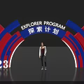 Red Blue Curved Archway for Explorer Program 2023 with Person Standing 3d model