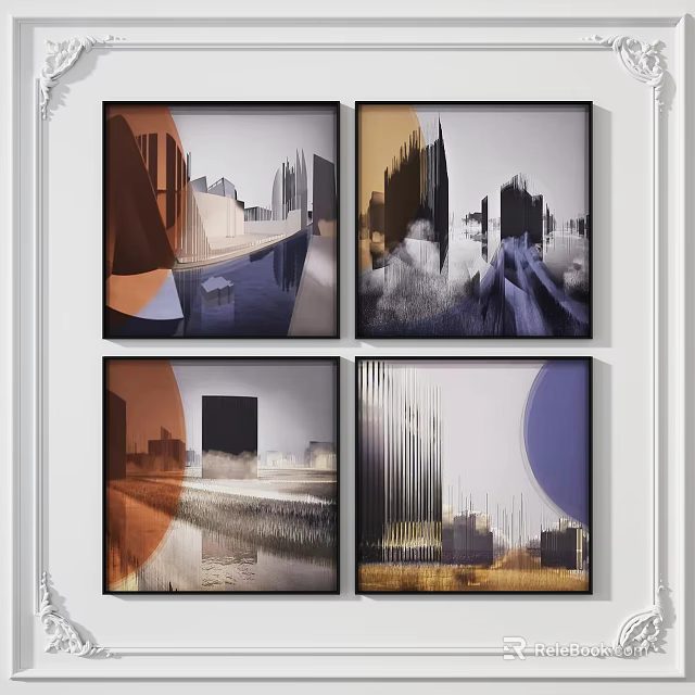 Modern Abstract Cityscape Wall Art Set Of Four Framed Prints 3d model 