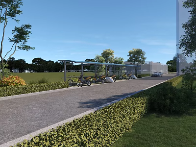 Modern Bike Shelter For Bicycle Parking With Green Landscaping And Path 3d model