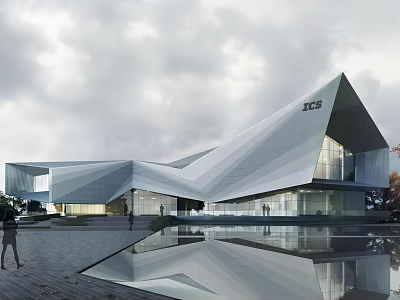 Modern Geometric Sales Office Building With Glass Curtain Wall And Reflecting Pool 3d model