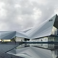 Modern Geometric Sales Office Building With Glass Curtain Wall And Reflecting Pool