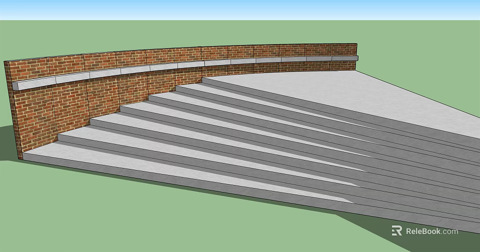 Outdoor Staircase With Red Brick Low Wall And Gray Concrete Steps 3d model 