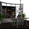 Cafe Interior Design With Brick Wall Large Window Night View Plants And Wall Lamps