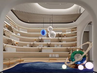 Modern Interior Design With Circular Bookshelves Spherical Pendant Lights Books And Planet Model 3d model