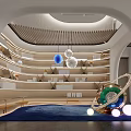 Modern Interior Design With Circular Bookshelves Spherical Pendant Lights Books And Planet Model