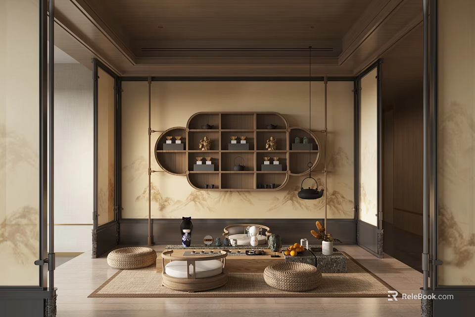 Traditional Tea Room Interior With Circular Shelves Tea Sets Woven Cushions And Wooden Tea Table 3d model 