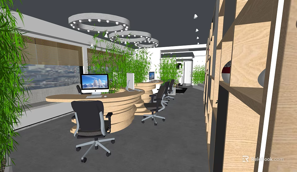 Modern Public Office Space With Open Layout Wooden Desks Ergonomic Chairs And Green Plants 3d model 