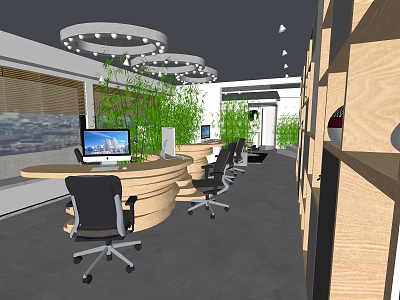 Modern Public Office Space With Open Layout Wooden Desks Ergonomic Chairs And Green Plants 3d model