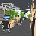 Modern Public Office Space With Open Layout Wooden Desks Ergonomic Chairs And Green Plants