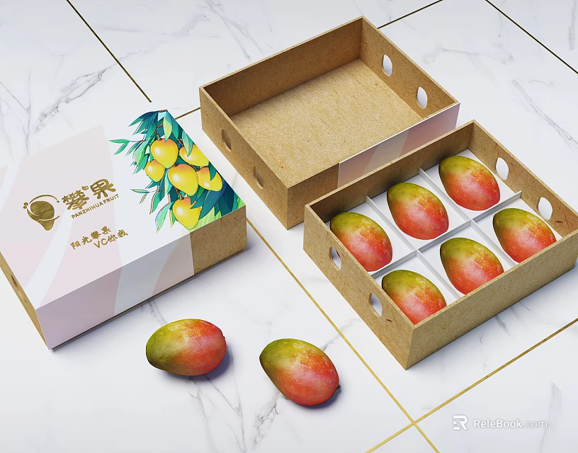 Fresh Mangoes In Pink Box With Mango Pattern And Brown Paper Container 3d model 