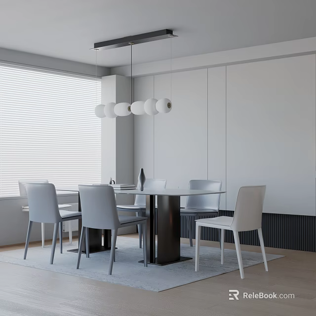 Modern Dining Table Set with Light Grey Chairs Pendant Lights and Window Blinds 3d model