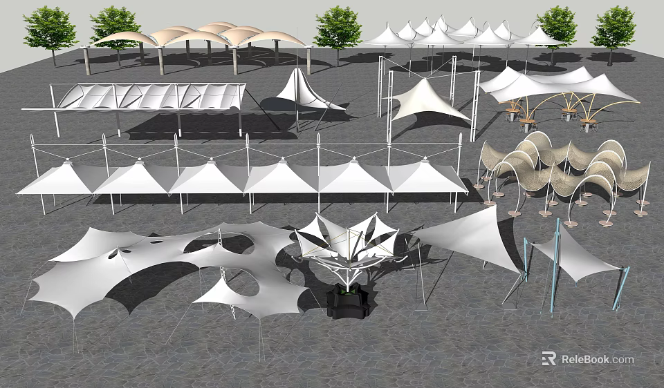 Outdoor Tensile Membrane Structures With Various White Canopy Designs And Supports 3d model 