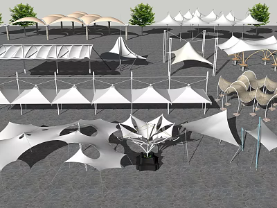Outdoor Tensile Membrane Structures With Various White Canopy Designs And Supports 3d model