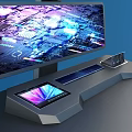 Modern Office Desk Setup With Multiple Monitors Ergonomic Chair And Blue Lighting Accents