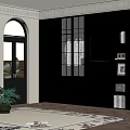 Modern Interior Design With Black Cabinetry Glass Doors Windows Plants And Rug