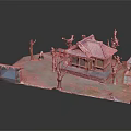 Traditional Chinese Architecture Miniature Model With Gray Tiled Roof Wooden Structure Trees And Decorative Elements