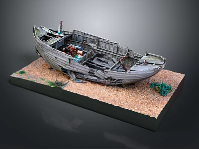 Weathered Wooden Boat Model Displayed On Sand Base With Small Green Plants 3d model