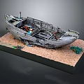 Weathered Wooden Boat Model Displayed On Sand Base With Small Green Plants