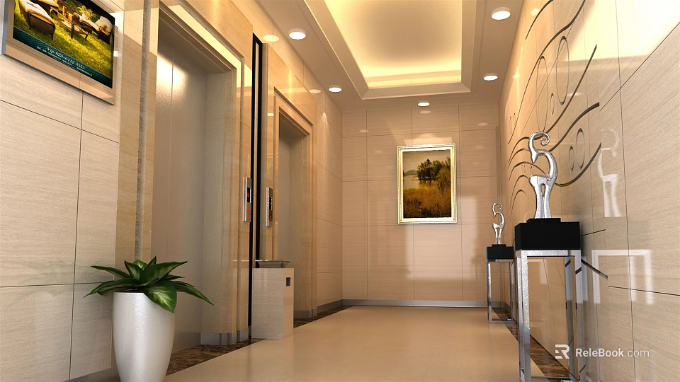 Modern Elevator Hallway Design With Light Wall Decorative Paintings Green Plants And Sculptures 3d model 