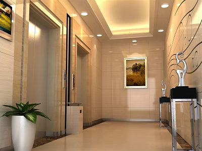 Modern Elevator Hallway Design With Light Wall Decorative Paintings Green Plants And Sculptures 3d model