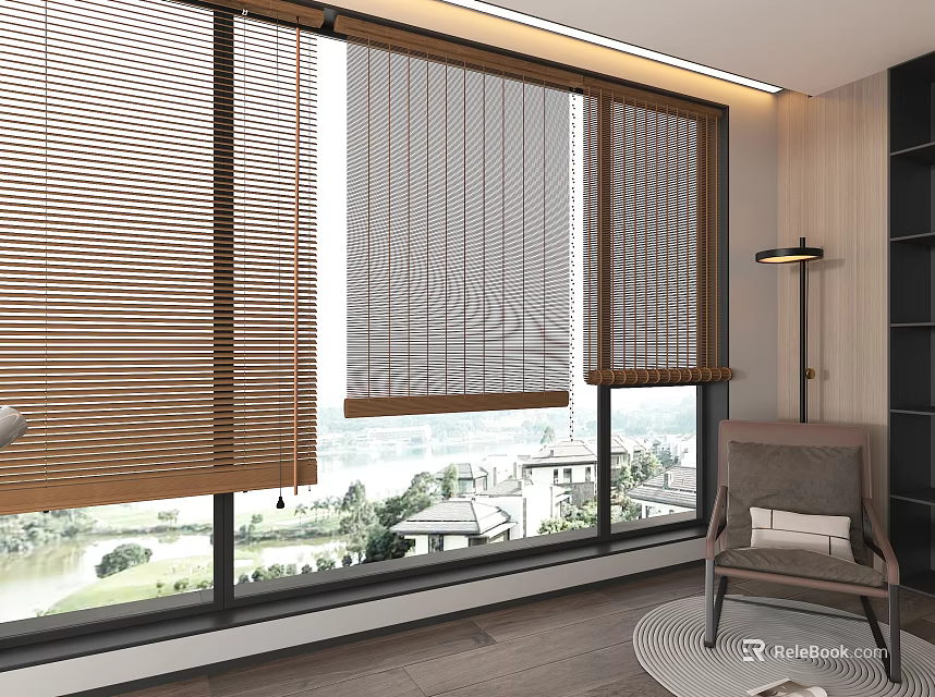 Natural Bamboo Blinds For Large Windows In Modern Living Room With Scenic View Armchair Floor Lamp 3d model 