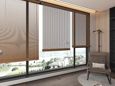 Natural Bamboo Blinds For Large Windows In Modern Living Room With Scenic View Armchair Floor Lamp 3d model