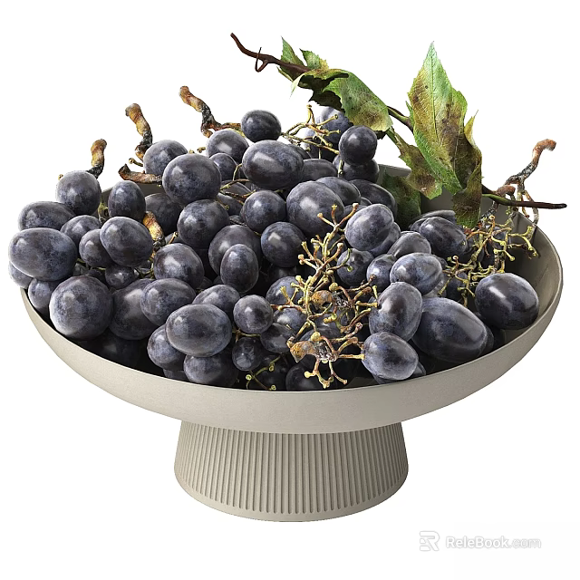 Deep Purple Grapes with Leaves and Vines in Textured Light Gray Pedestal Bowl 3d model 