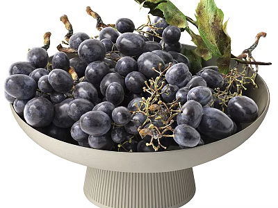 Deep Purple Grapes with Leaves and Vines in Textured Light Gray Pedestal Bowl 3d model
