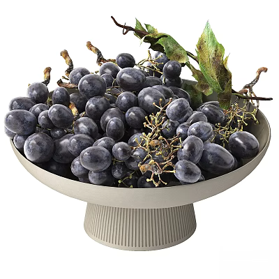 Deep Purple Grapes with Leaves and Vines in Textured Light Gray Pedestal Bowl 3d model