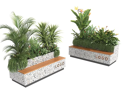 Outdoor Potted Plants In Speckled Planter Boxes With Wooden Seats And Various Greenery 3d model