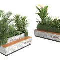 Outdoor Potted Plants In Speckled Planter Boxes With Wooden Seats And Various Greenery