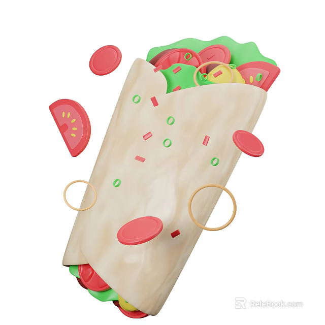 Fresh Burrito Wrap With Tomato Slices Lettuce Onion Bits And Cheese Rings 3d model 