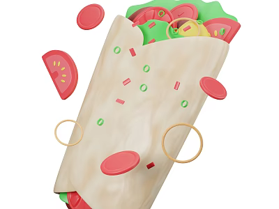 Fresh Burrito Wrap With Tomato Slices Lettuce Onion Bits And Cheese Rings 3d model