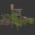 Rustic Outdoor Structure With Wooden Platforms Stone Walls And Lush Plants