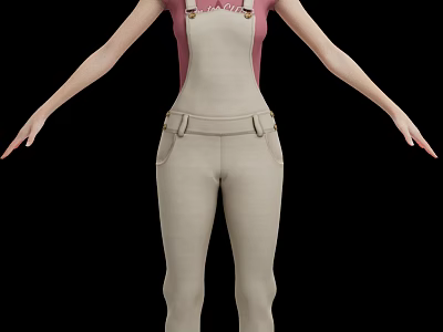 Woman Wearing Pink Top And Beige Overalls With Arms Outstretched Against Black Background 3d model