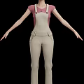 Woman Wearing Pink Top And Beige Overalls With Arms Outstretched Against Black Background