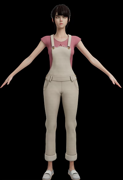 Woman Wearing Pink Top And Beige Overalls With Arms Outstretched Against Black Background 3d model