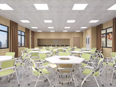 School Cafeteria Interior With Tables Chairs Windows Curtains And Ceiling Lights 3d model