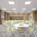 School Cafeteria Interior With Tables Chairs Windows Curtains And Ceiling Lights
