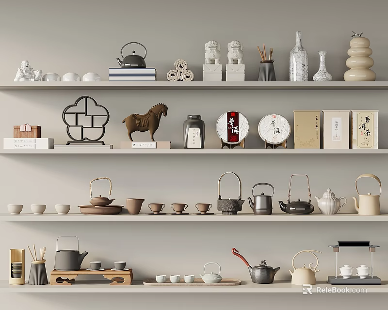 Elegant Tea Sets Display On Shelves With Teacups Horse Figurine Vases And Boxes 3d model 