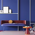 Red And Purple Sectional Sofa Against Blue Wall With Orange Table Vases And Frames 3d model