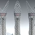 Four Tower Shaped Playground Equipment Featuring Metal Mesh Top Wing Like Design And Spiral Base