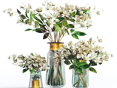 White Flowers with Green Leaves in Decorative Vases Featuring Golden Rims and Transparent Bodies 3d model