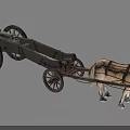 Ancient Historical Weapon Horse Drawn Wooden Cannon Cart With Large Wheels And Light Colored Horse