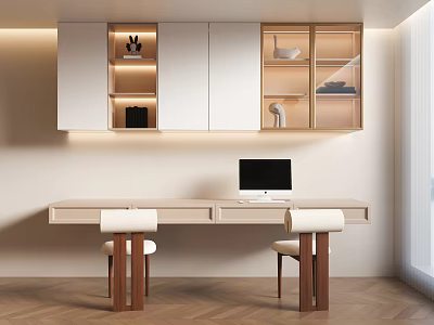 Modern Wooden Bookcase With White Cabinet Glass Door And Study Desk Chairs 3d model