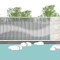 Modern Outdoor Feature Wall With Vertical Metal Slats Stone Panel And Surrounding Water Pool Greenery