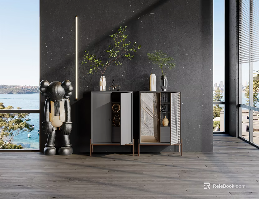Modern Entryway Console Cabinet Design With Green Plants Decor Dark Wall Wooden Floor 3d model 