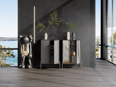Modern Entryway Console Cabinet Design With Green Plants Decor Dark Wall Wooden Floor 3d model
