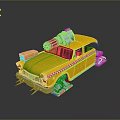 Yellow Modified Taxi Model With Roof Mechanical Parts Checker Pattern Large Wheels And Reflective Base