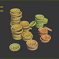 Shiny Golden Coins Living Supplies Stacked in Heaps and Scattered on Dark Glossy Surface